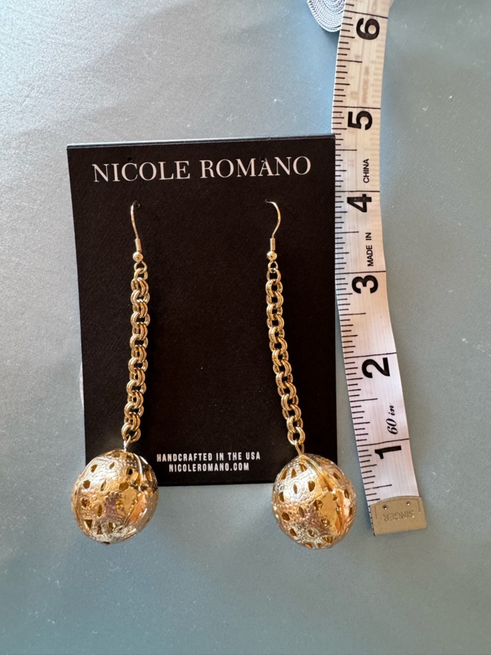 Nicole Romano Gold Filigree Drop Earrings - Long Chain Ball Dangle